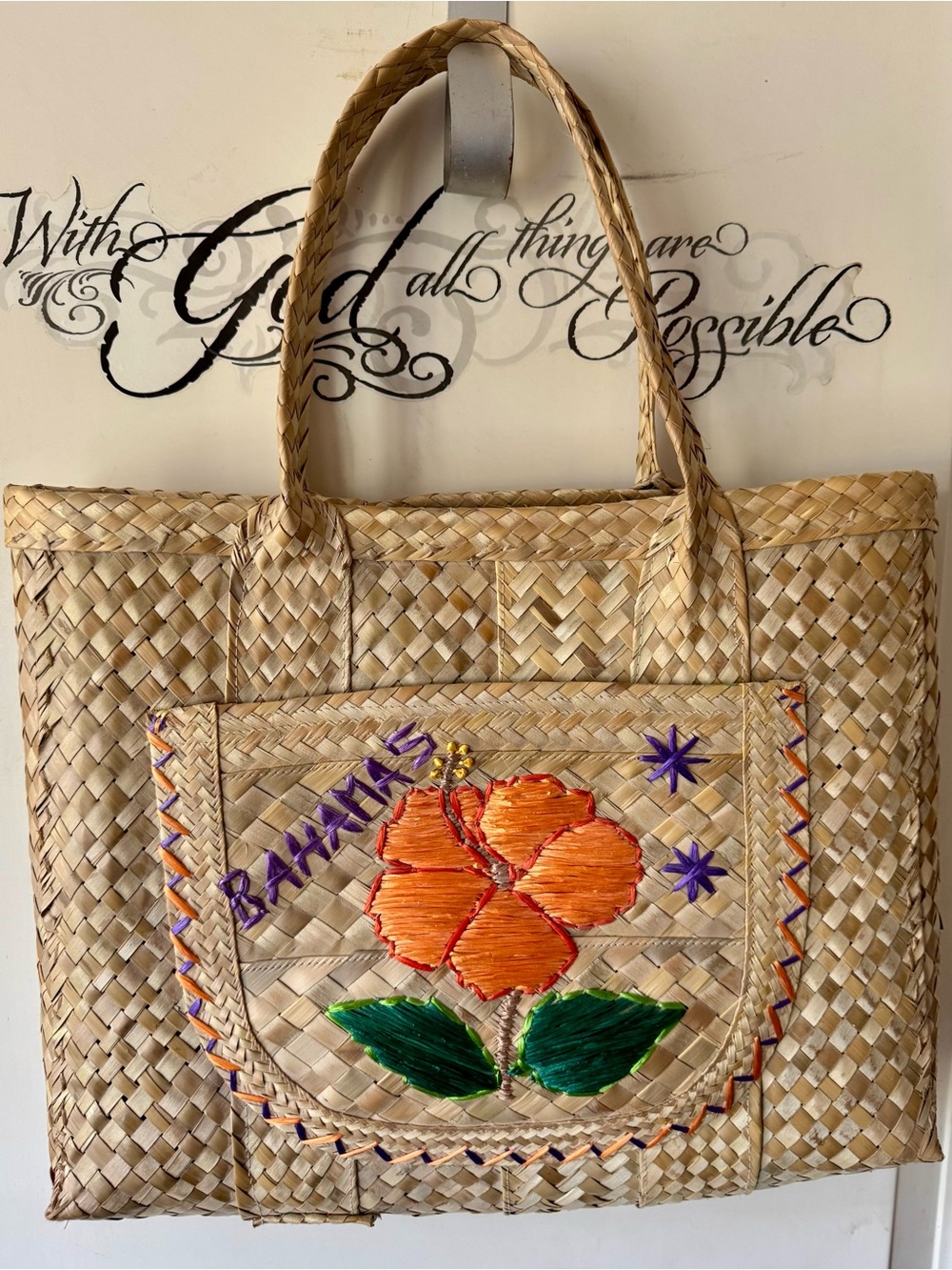 Handwoven Straw Tote Bag with Orange Hibiscus Embroidery - Women Bags